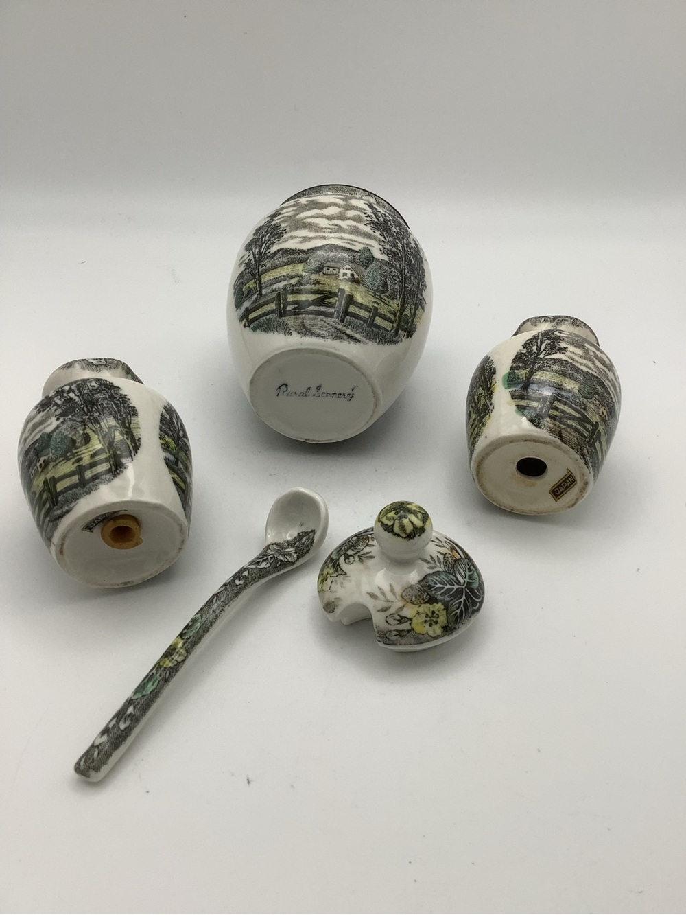 Japan Rural Scene Transferware Jam Jar with Spoon and Salt and Pepper Shakers - Picture 4 of 5